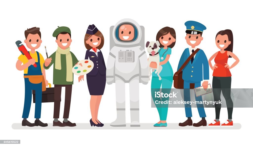 ÐÐ»Ñ ÐÐ½ÑÐµÑÐ½ÐµÑÐ° Set of people of different occupations plumber, painter, stewardess, astronaut, veterinarian, postman, coach. Vector illustration in a flat style Astronaut stock vector
