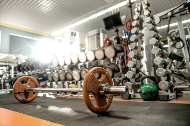 istock iron weight in gym , interior indoor 645625314