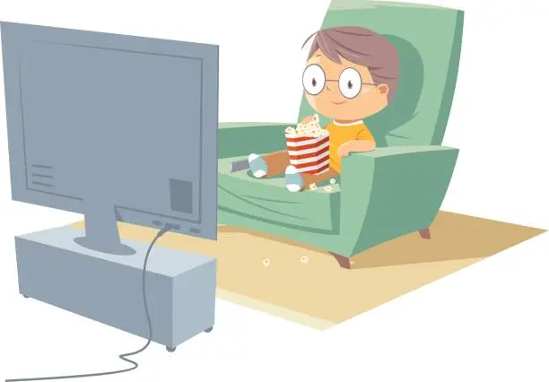 Vector illustration of Boy Watching TV with Popcorn on the Sofa