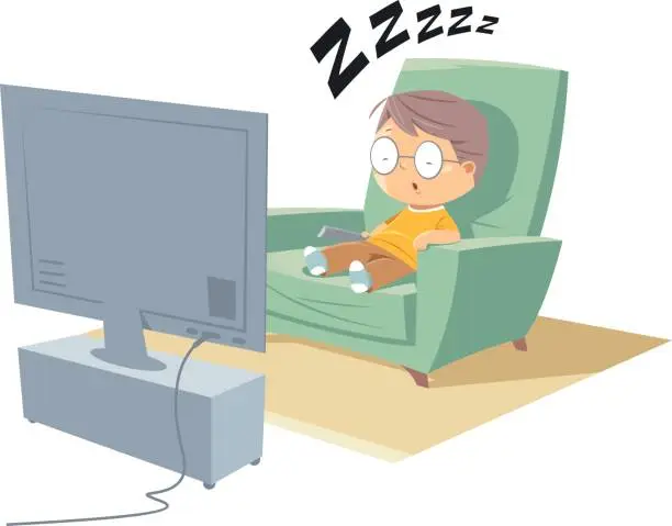 Vector illustration of The boy sleeps on the sofa watching television