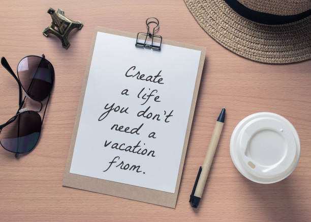 inspirational motivating quote on notebook and travel objects with vintage filter - life teaching lifestyles ideas imagens e fotografias de stock