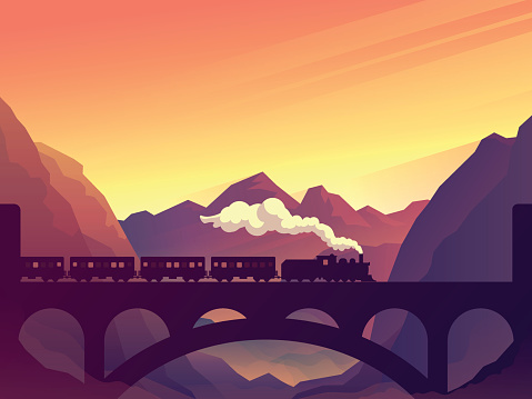 Train on railway bridge with outdoor landscape in orange and eyellow sunset, dawn sun. Vector travel concept background. Train outdoor, transportation, travel. Vector illustration