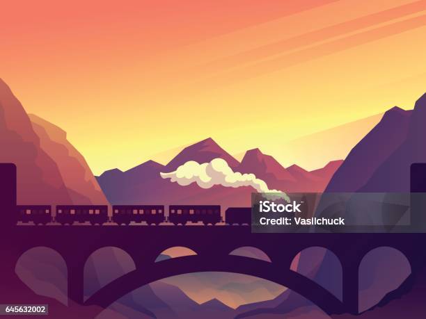 Train On Railway Bridge With Outdoor Landscape Stock Illustration - Download Image Now - Train - Vehicle, Steam Train, Railroad Track