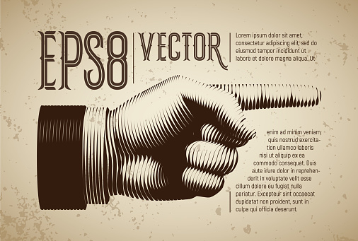 Vector hand with pointing finger in line engraving style. Eps8. RGB Global colors