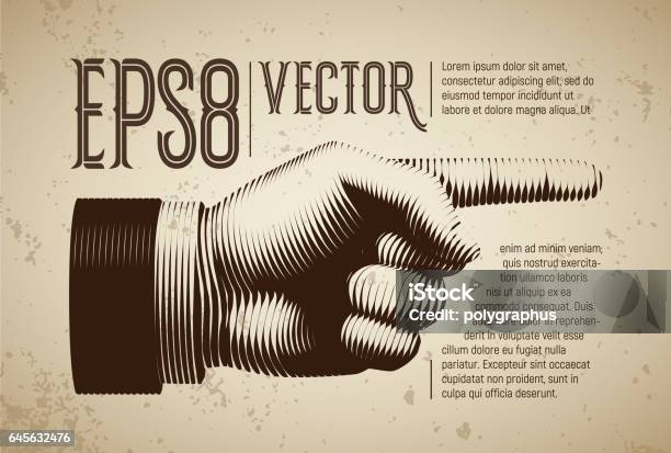 Vector Hand With Pointing Finger In Line Engraving Style Stock Illustration - Download Image Now