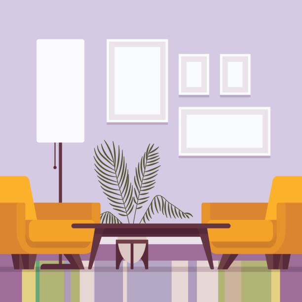 illustrazioni stock, clip art, cartoni animati e icone di tendenza di interni retrò con cornici per spazio di copia - wallpaper retro revival living room decor