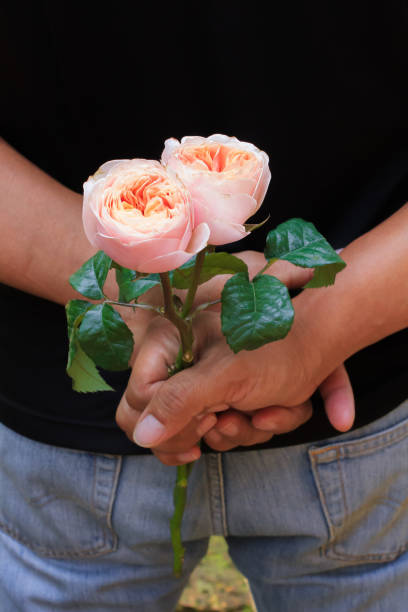 istock Man holding pink roses behind his back. 645671120