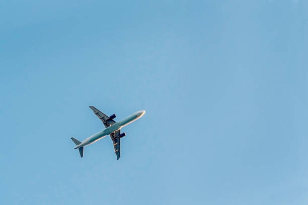 istock The plane flies against a bright cloudless blue sky 645677092