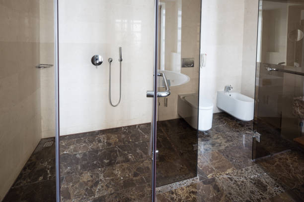 istock Luxury bathroom interior and glass shower bath 645685862