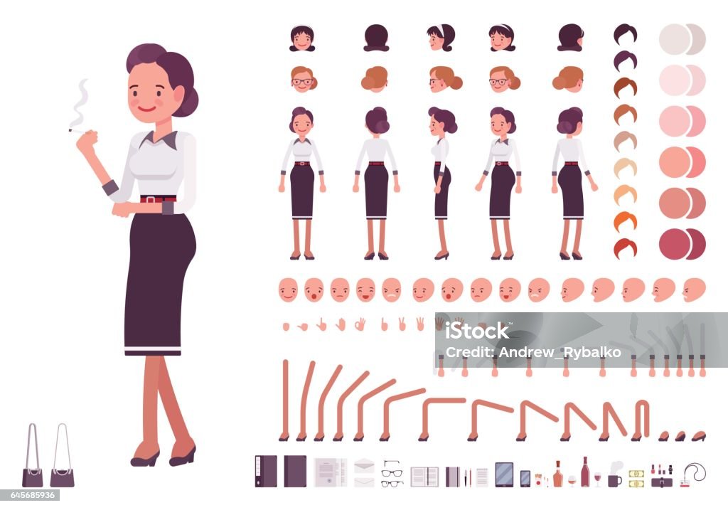 Secretary character creation set Secretary character creation set. Self-confident businesswoman, attractive assistant, effective salesperson, girlboss, femme fatale. Build your own design. Cartoon flat-style infographic illustration Characters stock vector