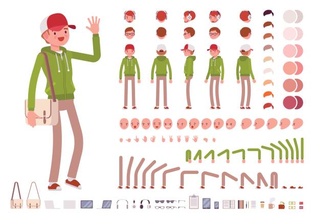 까마귀 캐릭터 생성에서 젊은 남자 설정 - 뿔테안경 stock illustrations