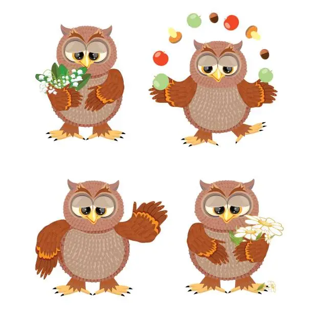 Vector illustration of Set brown owls with flowers on a white background