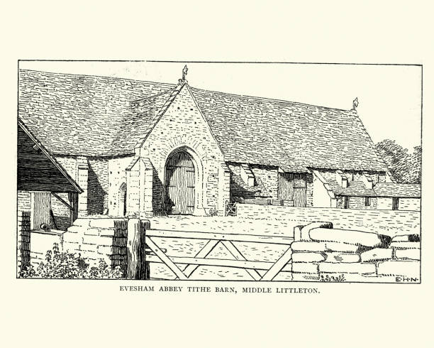 Evesham Abbey Tithe Barn, Middle Littleton Evesham Abbey Tithe Barn, Middle Littleton, Worcestershire, England. 1892 tithe stock illustrations