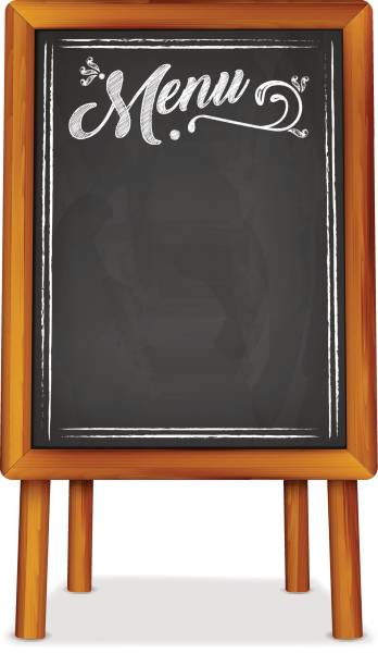 ilustrações, clipart, desenhos animados e ícones de cavalete de madeira com quadro e inscrição do giz do menu - easel blackboard isolated wood