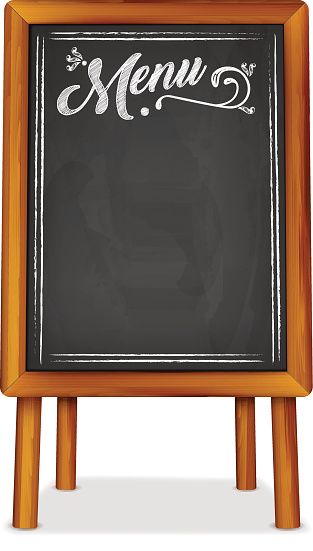Wooden easel with chalkboard and MENU chalk inscription - place for your text. Vector illustration.