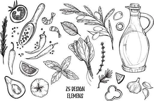 Hand drawn vector illustrations - Ingredients of pizza. Olive oil, olives, shrimps, tomato, basil, rosemary, pepper etc. Perfect for menu, cards, blogs, banners. Illustration in sketch style