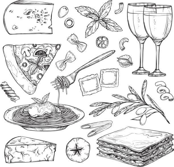 Hand drawn vector illustration - Italian food ( Different kinds of pasta; pizza, olives, tomato, basil, lasagna, wine, cheese etc). Design elements in sketch style. Perfect for menu, cards, blogs, banners. Hand drawn vector illustration - Italian food ( Different kinds of pasta; pizza, olives, tomato, basil, lasagna, wine, cheese etc). Design elements in sketch style. Perfect for menu, cards, blogs, banners. spaghetti stock illustrations