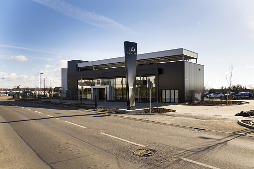 Prague, Czech republic - February 25, 2017: Lexus car logo in front of dealership building on February 25, 2017 in Prague, Czech republic. Lexus voted most reliable car making it the 6th consecutive victory in the U.S. dependability study.