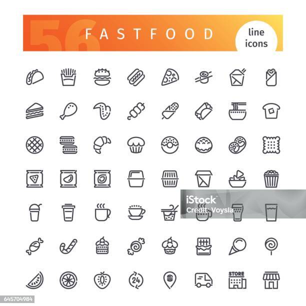 Fastfood Line Icons Set Stock Illustration - Download Image Now - Icon Symbol, Fast Food Restaurant, Fast Food