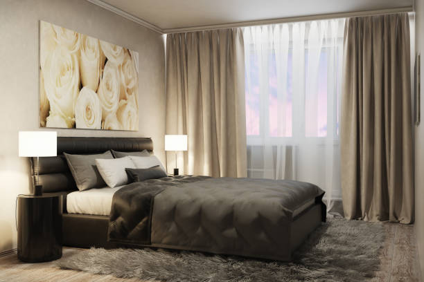 istock Modern bedroom with white roses in the evening 645705196