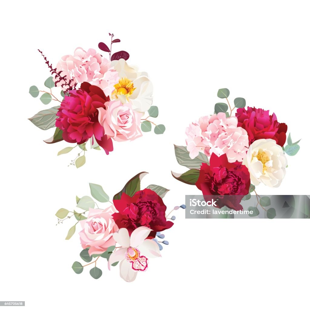 Bouquets de rose, pivoine, vert et rose Hortensia, orchidée de cadeau un - clipart vectoriel de Fleur - Flore libre de droits