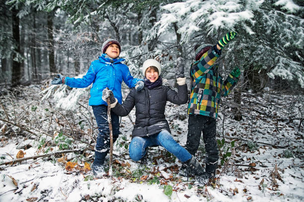 istock Kids shaking snow off the trees 645709142