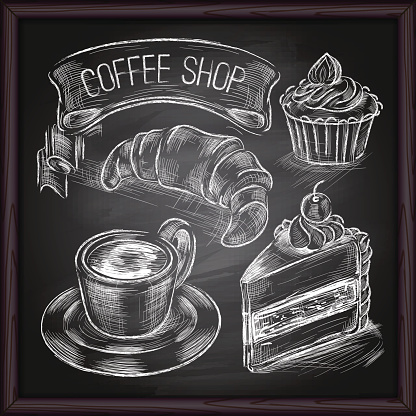 Coffee shop, cafe & bakery hand drawing on blackboard
