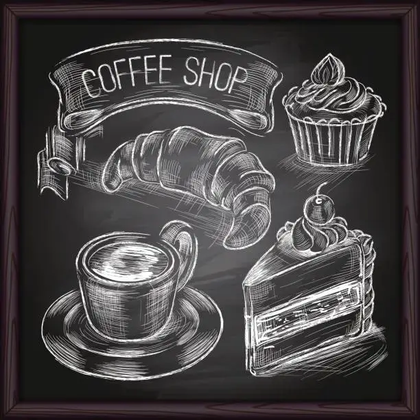 Vector illustration of Coffee & Cafe set drawing on chalkboard