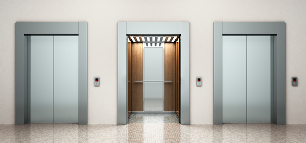 renderizado 3d de moderno acero elevatore photo