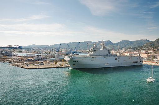 Toulon, France - August 16, 2013 : Toulon Navy base harbor, Aircraft carrier ship docked on August 16, 2013 in Toulon, France.