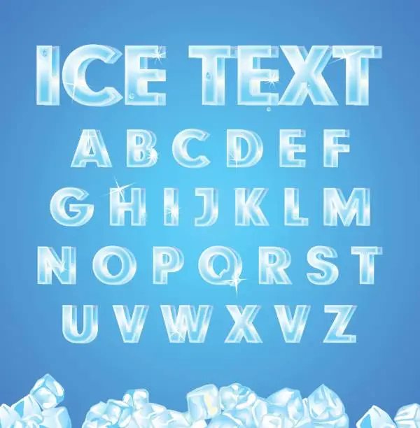 Vector illustration of Vector ice alphabet on blue background.