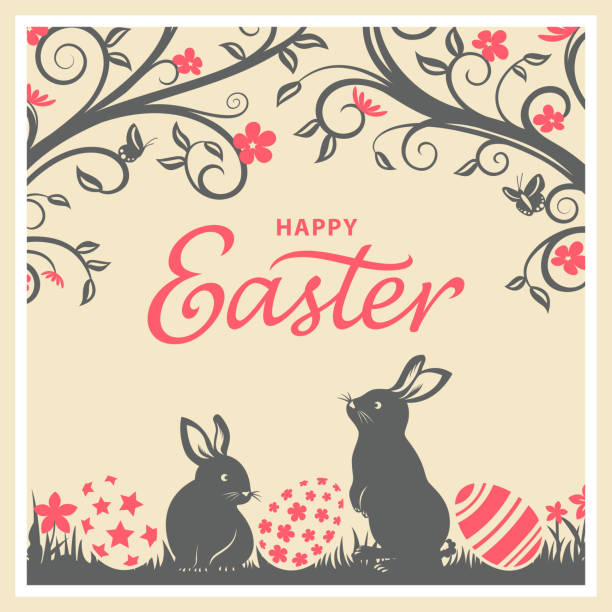 illustrazioni stock, clip art, cartoni animati e icone di tendenza di vintage easter bunnies & eggs card - floral pattern butterfly easter easter egg