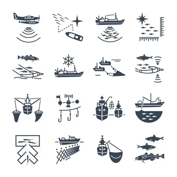 Vector illustration of set of black icons commercial fishing