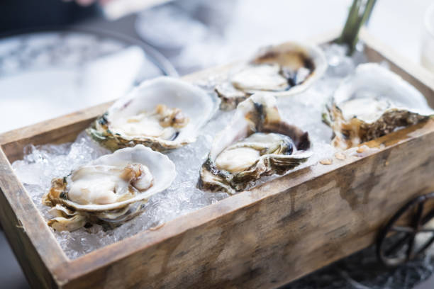 Fresh oysters on wooden tray, food background stock photo