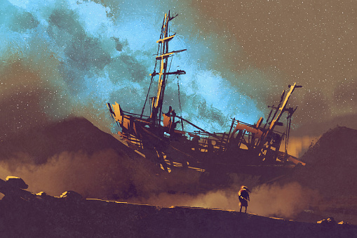 night scene of abandoned ship on the desert with stary sky,illustration painting