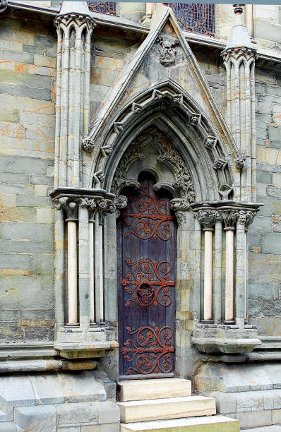 cathedral of st. olaf, sometimes called "nidaros cathedral" - scandinavian church front view norway imagens e fotografias de stock