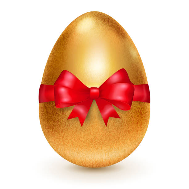 illustrazioni stock, clip art, cartoni animati e icone di tendenza di uovo di pasqua dorato con fiocco rosso - eggs animal egg gold light