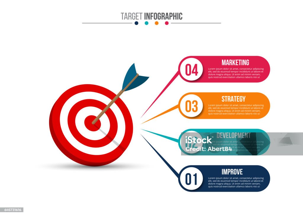 Infographic template with target and dart. Infographic template with target and dart. Vector illustration. Can be used for workflow layout, diagram, business step options, banner, web design. Sports Target stock vector