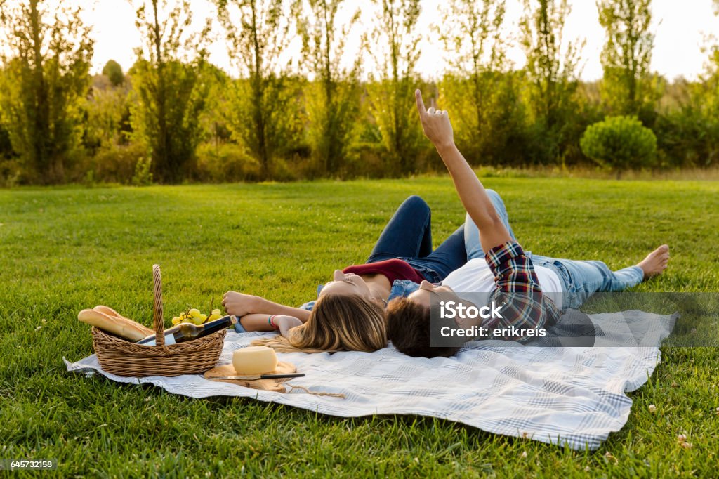 Enjoying the summer Happy young couple in the park relaxing after the picnic Picnic Stock Photo