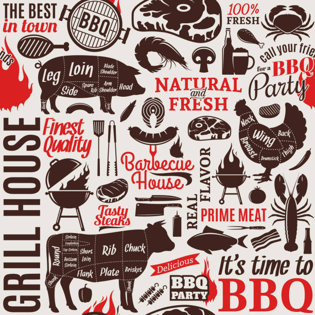 Typographic vector barbecue seamless pattern or background Typographic vector barbecue seamless pattern or background. BBQ, meat, vegetables, beer, wine and equipment icons for cafe, bar and restaurant menu, branding and identity butchers shop illustrations stock illustrations