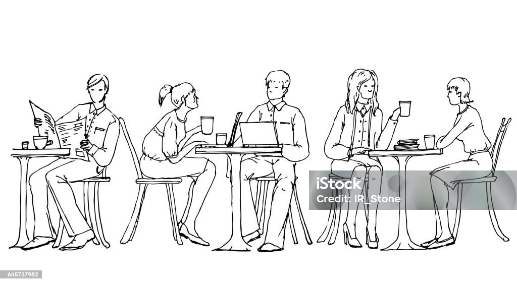 Business people at lunch break in cafe, talking and working with laptops. Doodle illustration People stock illustration