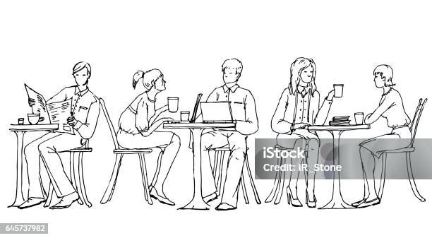 Business People At Lunch Break In Cafe Talking And Working With Laptops Doodle Illustration Stock Illustration - Download Image Now