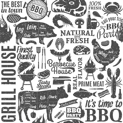 Retro styled typographic vector barbecue seamless pattern or background. BBQ, meat, vegetables, beer, wine and equipment icons for cafe, bar and restaurant menu, branding and identity
