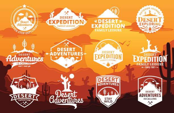 Set of vector desert and outdoor adventures logo on desert landscape background. Desert wild nature icons for tourism organizations, outdoor events and camping leisure