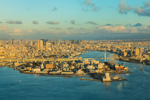 istock Osaka bay and city downtown background sunset tone 645740300