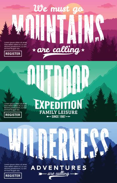 горы приключения горизонтальный набор знамени - hiking adventure outdoor pursuit backpacker stock illustrations