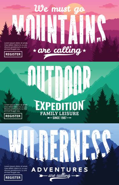 Mountains Adventures Horizontal Banner Set Mountain and outdoor adventures horizontal banner set. Mountains landscapes with trees, mountains, clouds and sky in various times of day vector illustration outdoor pursuit stock illustrations
