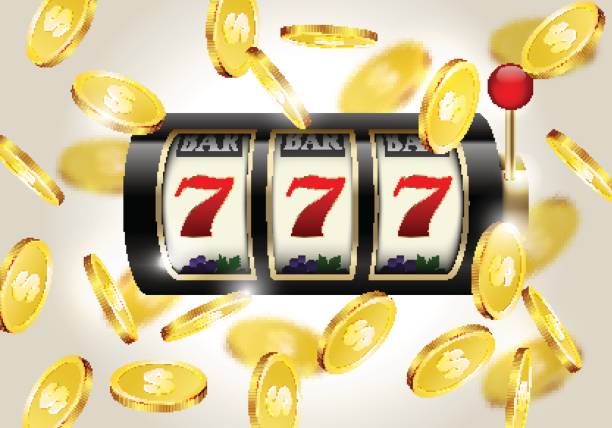 istock Slot machine with lucky seven and falling golden coins background. Winner casino 645745558