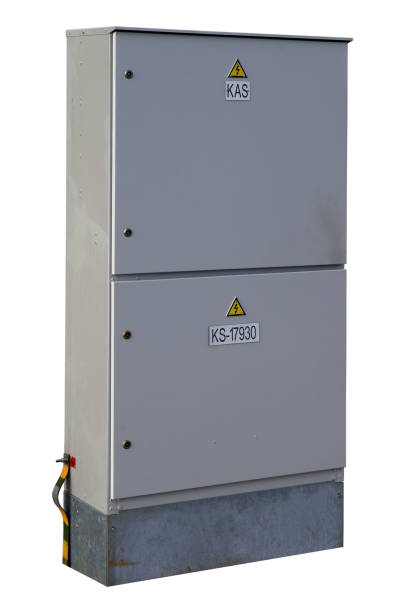 istock Gray metal box for electric power counters in agriculture. Isolated 645748578