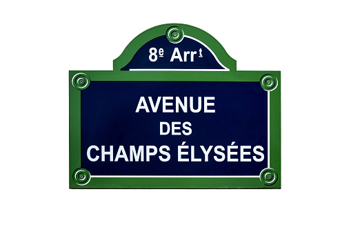 The Avenue des Champs Elysees street sign,  situated in the 8th arrondissement of Paris, France. One of the most famous streets in the world. Isolated on white background.